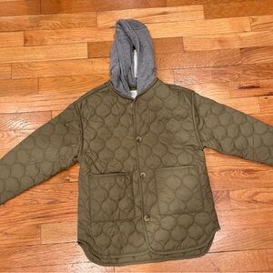 Zara Mickey Mouse Olive Green Quilted Jacket with Gray Hood